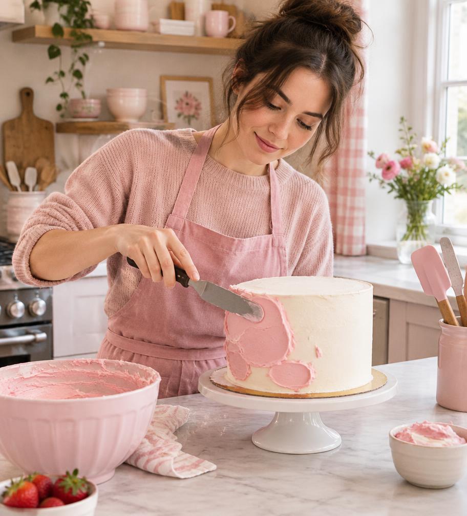 Repostera decorando un pastel con buttercream rosa